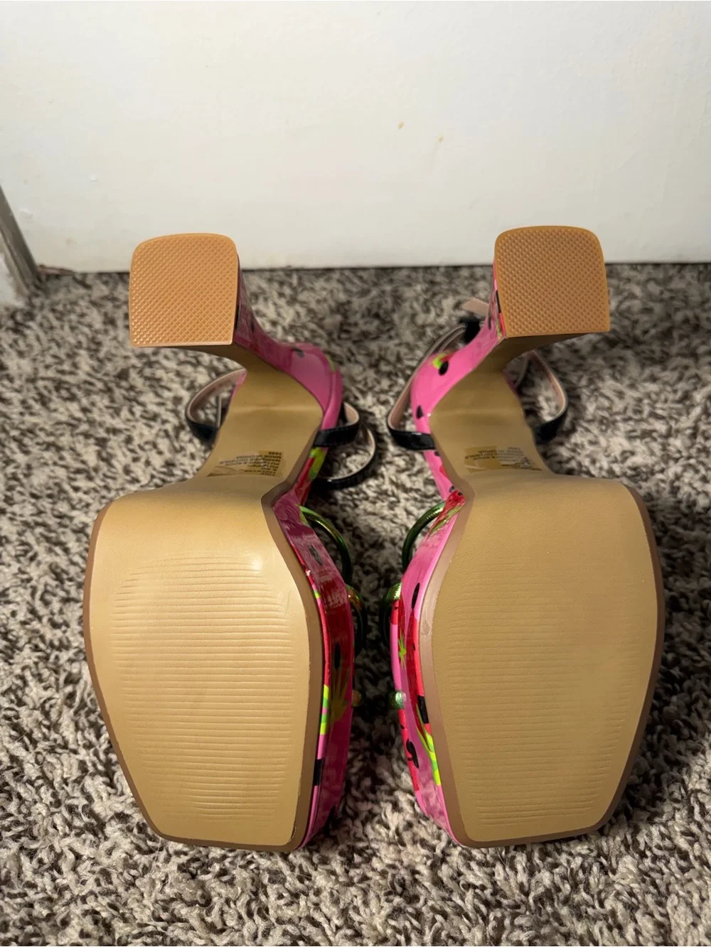 Betsey Johnson Pink Strawberry-Print Platform Sandals with Green Straps
